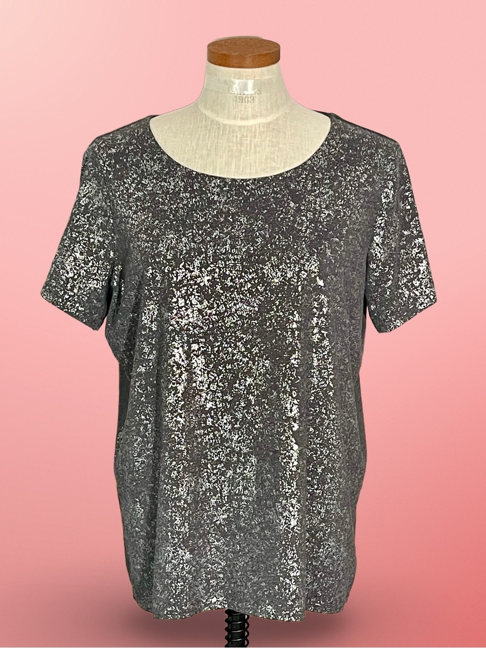 Emily Daniels Grey Silver Metallic Foil Splatter Scoop Neck Knit Top SzL